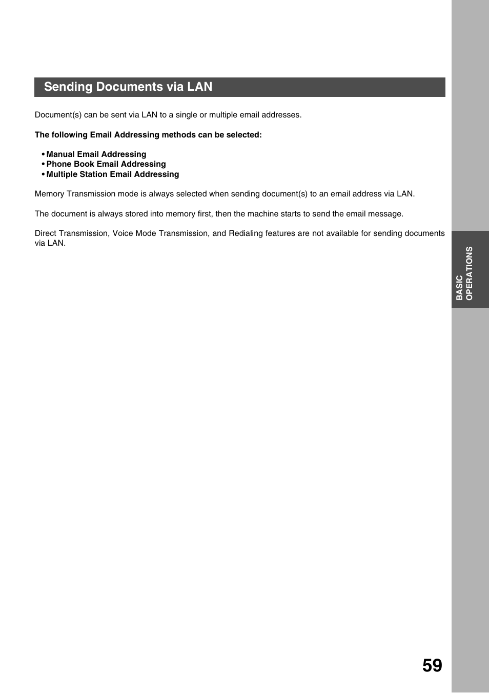 Basic operations, Sending documents via lan | Panasonic 3000 User Manual | Page 59 / 138