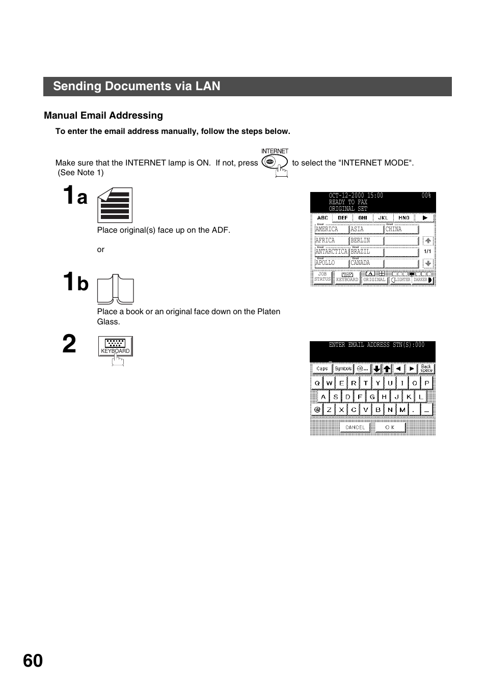 Manual email addressing, Basic operations, Sending documents via lan | Panasonic 3000 User Manual | Page 60 / 138