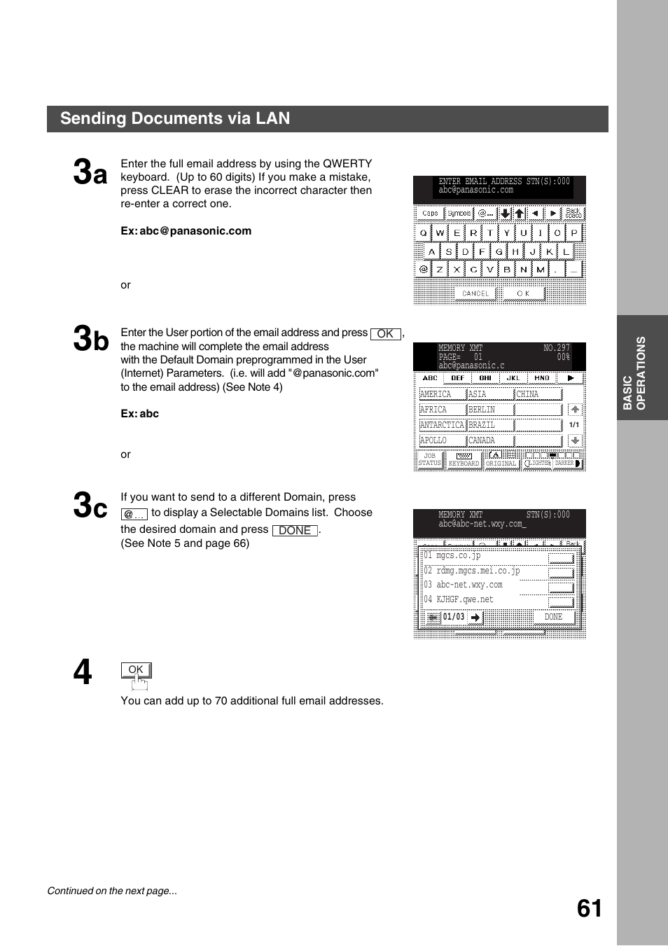 Basic operations, Sending documents via lan | Panasonic 3000 User Manual | Page 61 / 138