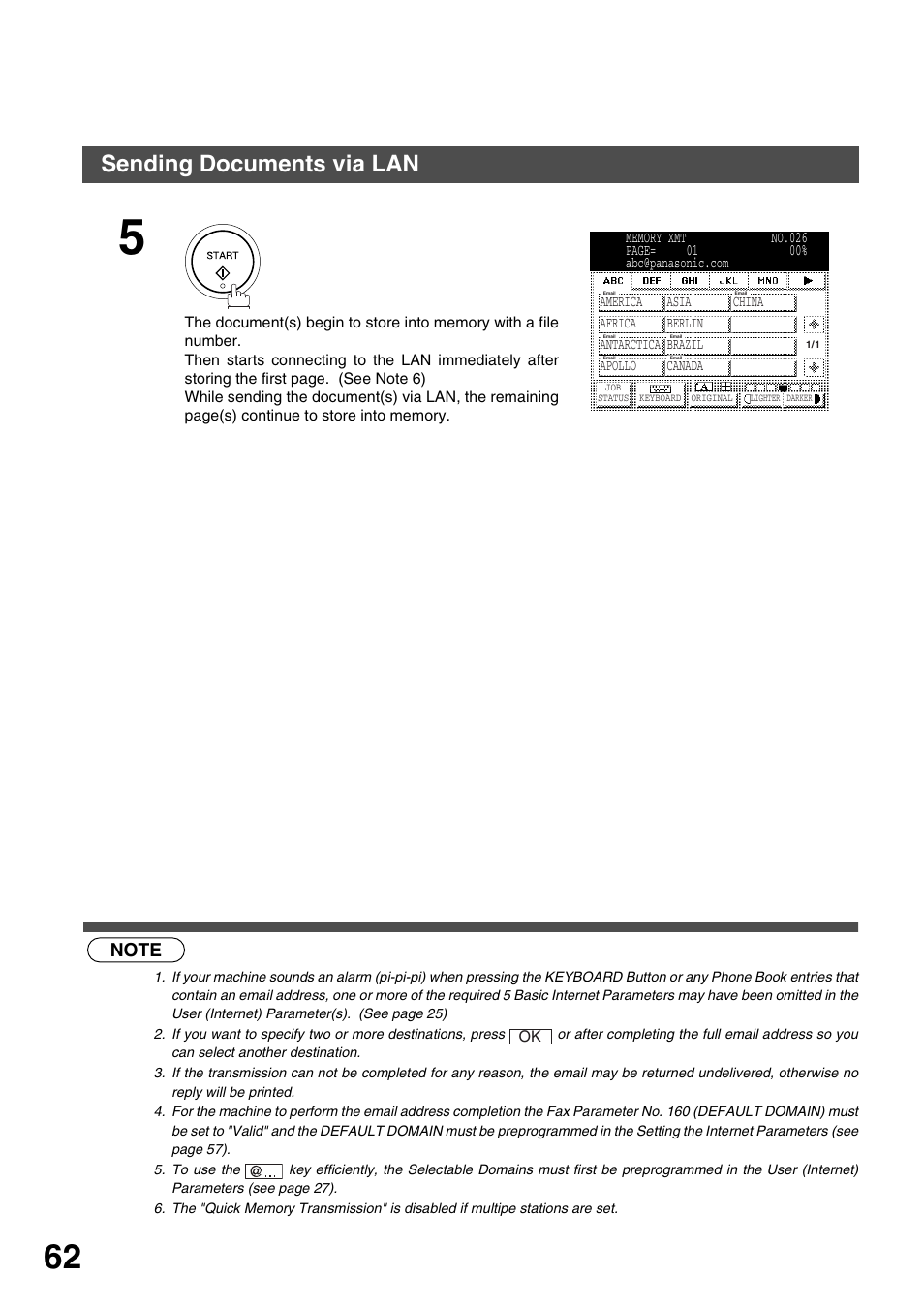 Basic operations, Sending documents via lan | Panasonic 3000 User Manual | Page 62 / 138