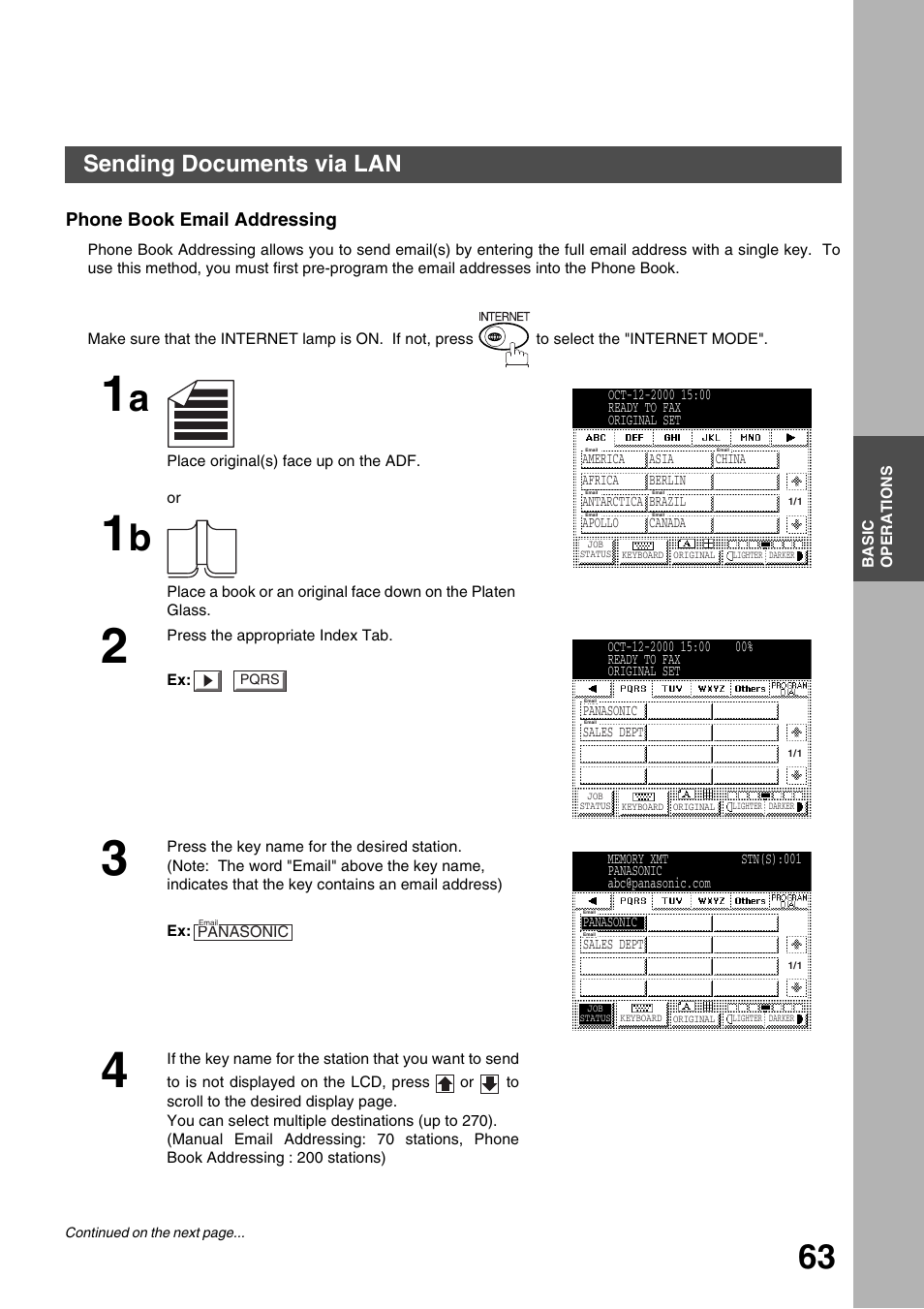 Phone book email addressing, Basic operations, Sending documents via lan | Panasonic 3000 User Manual | Page 63 / 138