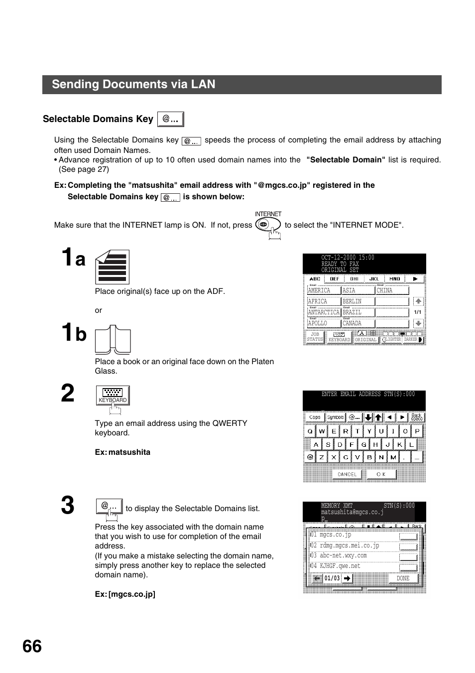 Selectable domains key, Basic operations, Sending documents via lan | Panasonic 3000 User Manual | Page 66 / 138