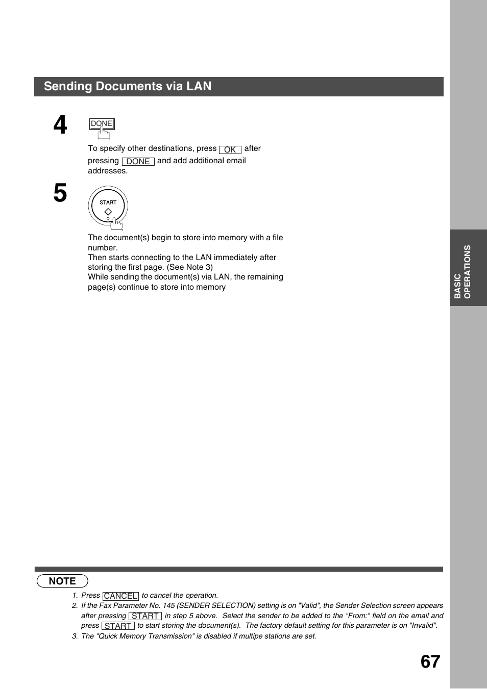 Basic operations, Sending documents via lan | Panasonic 3000 User Manual | Page 67 / 138