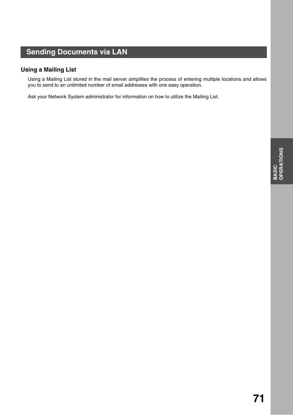 Using a mailing list, Basic operations, Sending documents via lan | Panasonic 3000 User Manual | Page 71 / 138