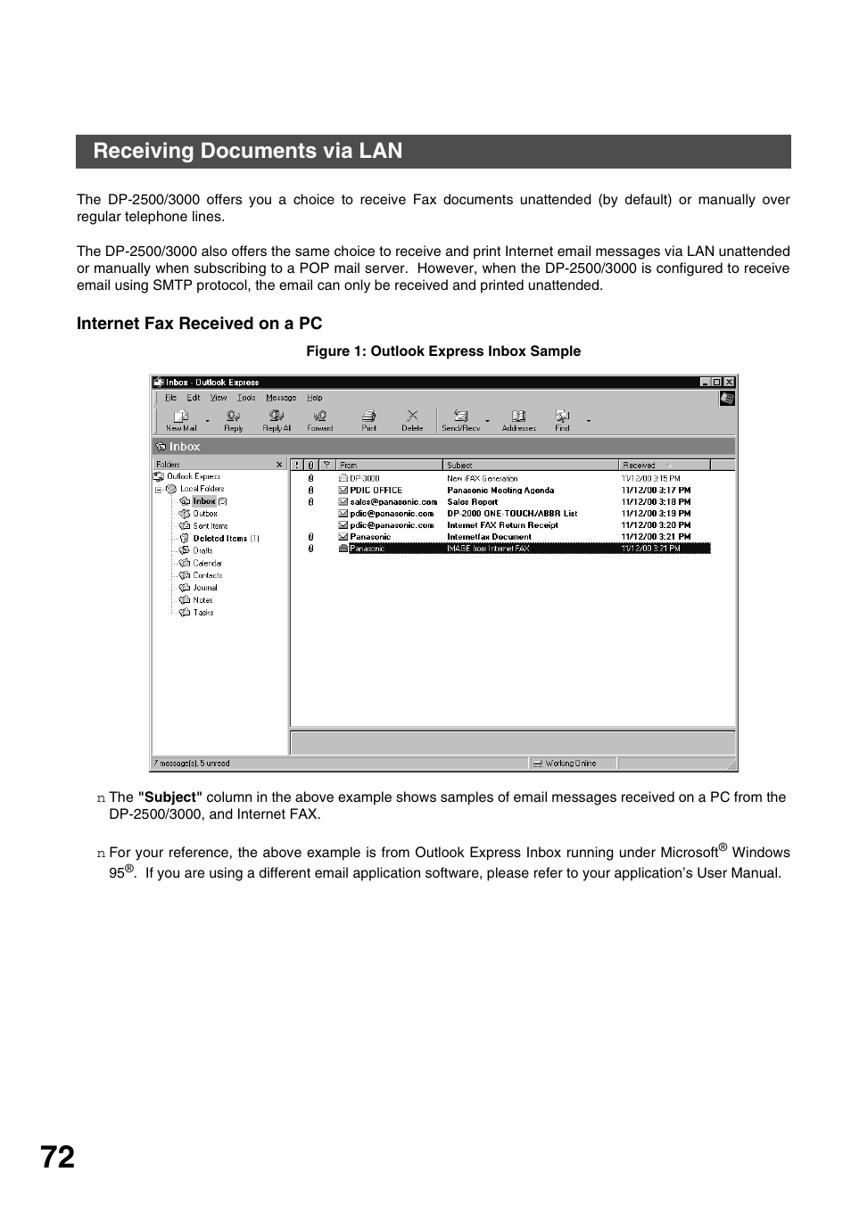 Receiving documents via lan, Internet fax received on a pc, Basic operations | Panasonic 3000 User Manual | Page 72 / 138