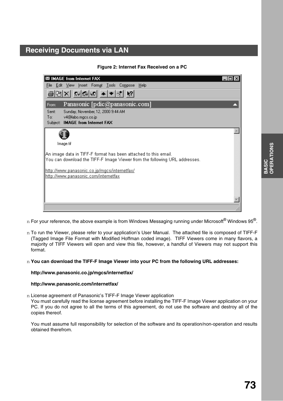 Basic operations, Receiving documents via lan | Panasonic 3000 User Manual | Page 73 / 138