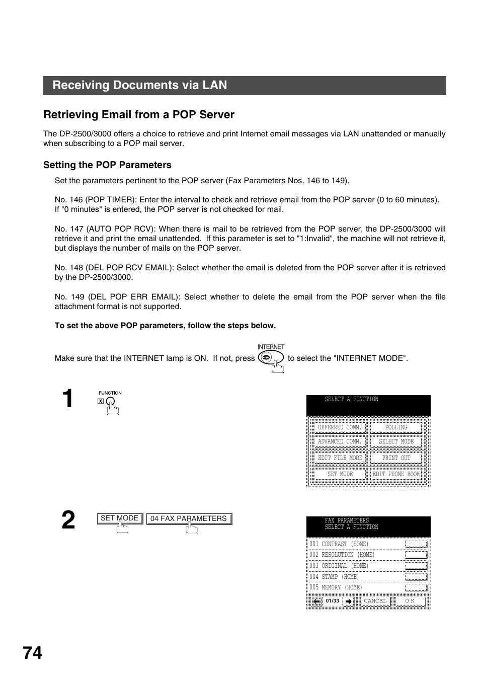 Retrieving email from a pop server, Setting the pop parameters, Basic operations | Receiving documents via lan | Panasonic 3000 User Manual | Page 74 / 138