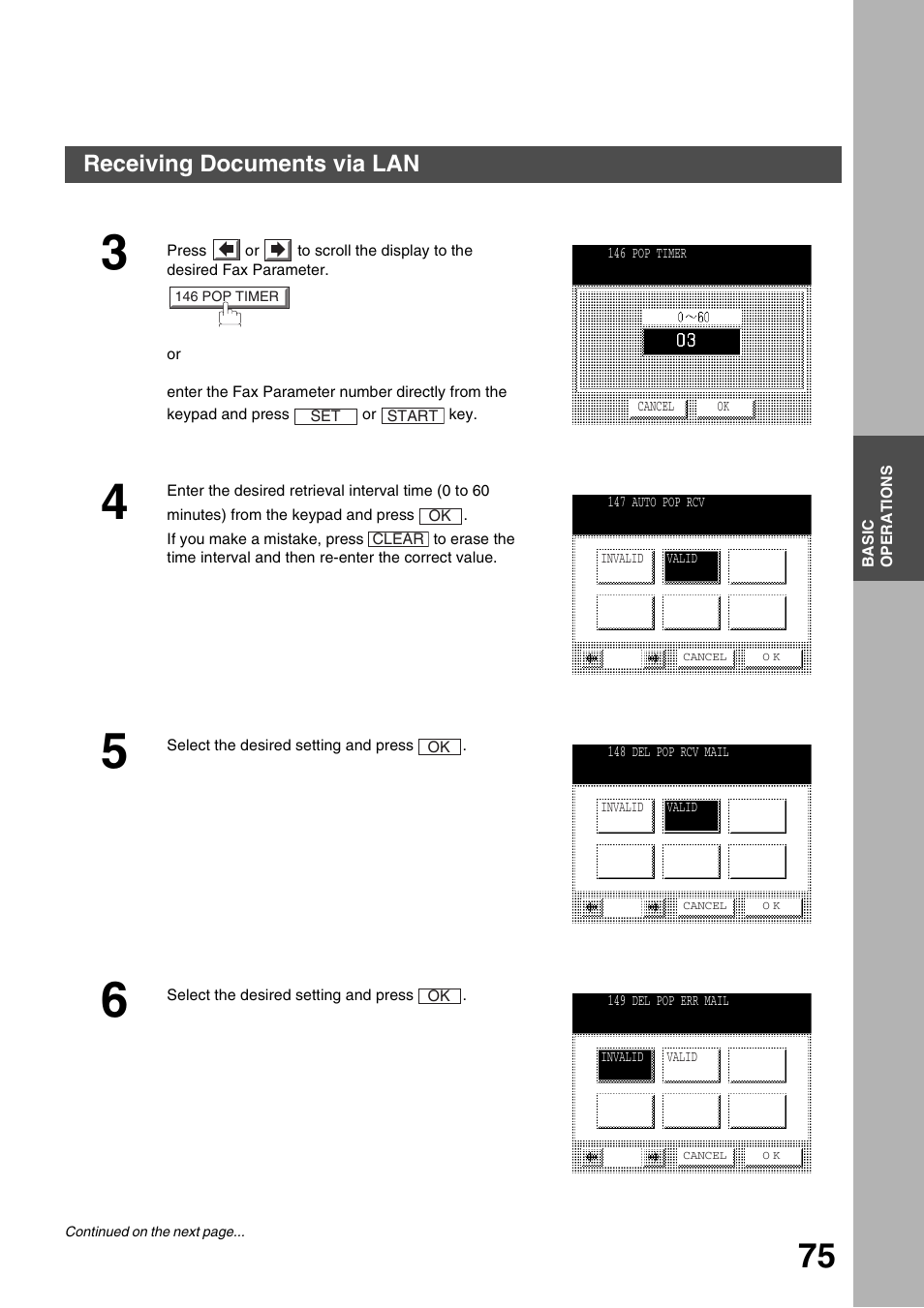 Basic operations, Receiving documents via lan | Panasonic 3000 User Manual | Page 75 / 138