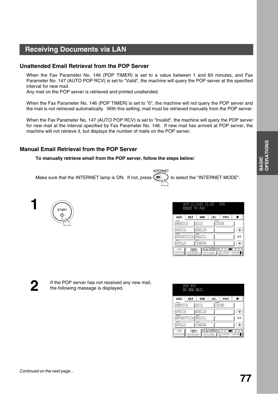 Unattended email retrieval from the pop server, Manual email retrieval from the pop server, Basic operations | Receiving documents via lan | Panasonic 3000 User Manual | Page 77 / 138