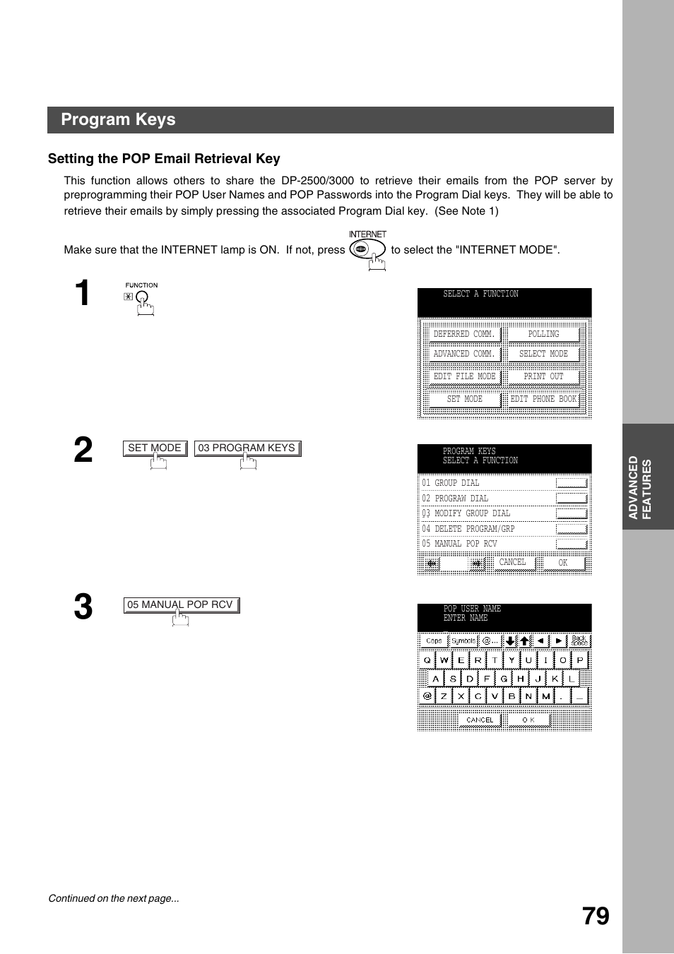 Advanced features, Program keys, Setting the pop email retrieval key | Panasonic 3000 User Manual | Page 79 / 138