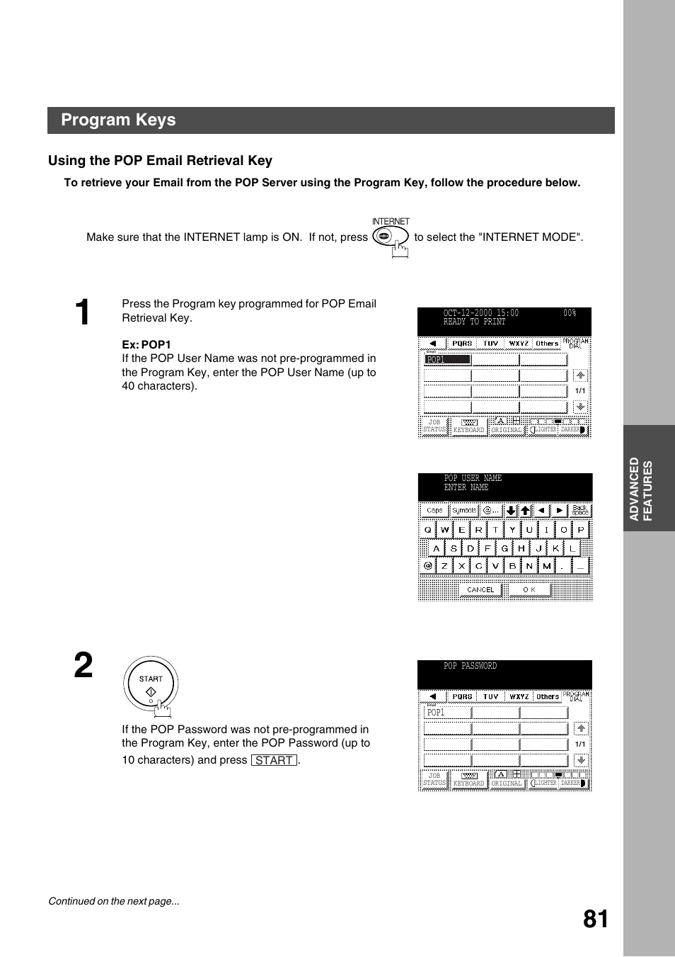 Using the pop email retrieval key, Advanced features, Program keys | Panasonic 3000 User Manual | Page 81 / 138