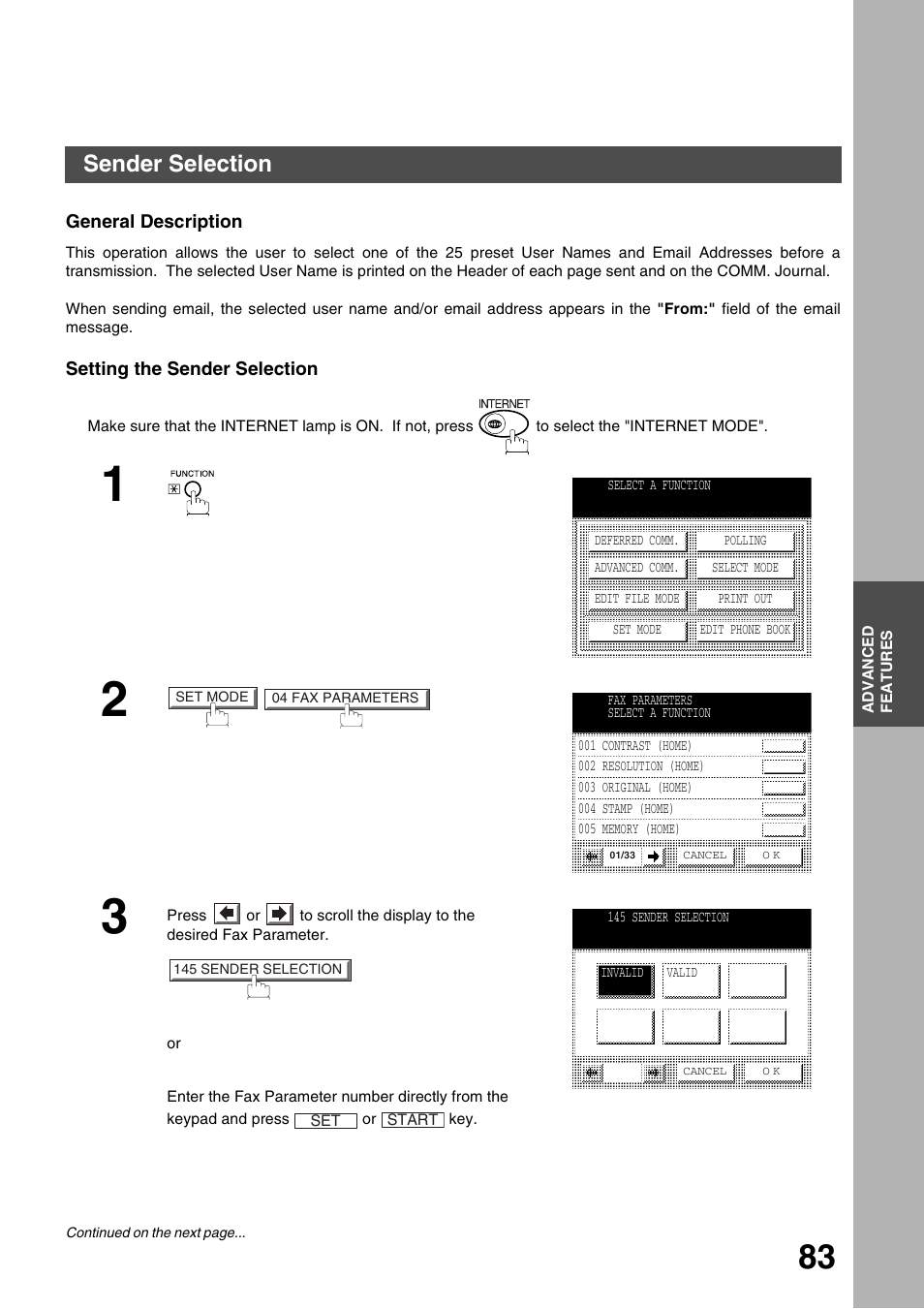 Sender selection, General description, Setting the sender selection | Advanced features | Panasonic 3000 User Manual | Page 83 / 138