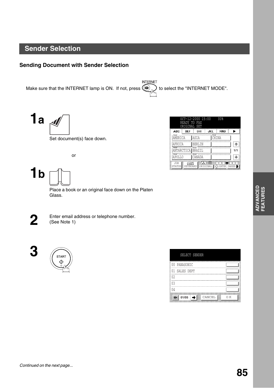 Sending document with sender selection, Advanced features, Sender selection | Panasonic 3000 User Manual | Page 85 / 138