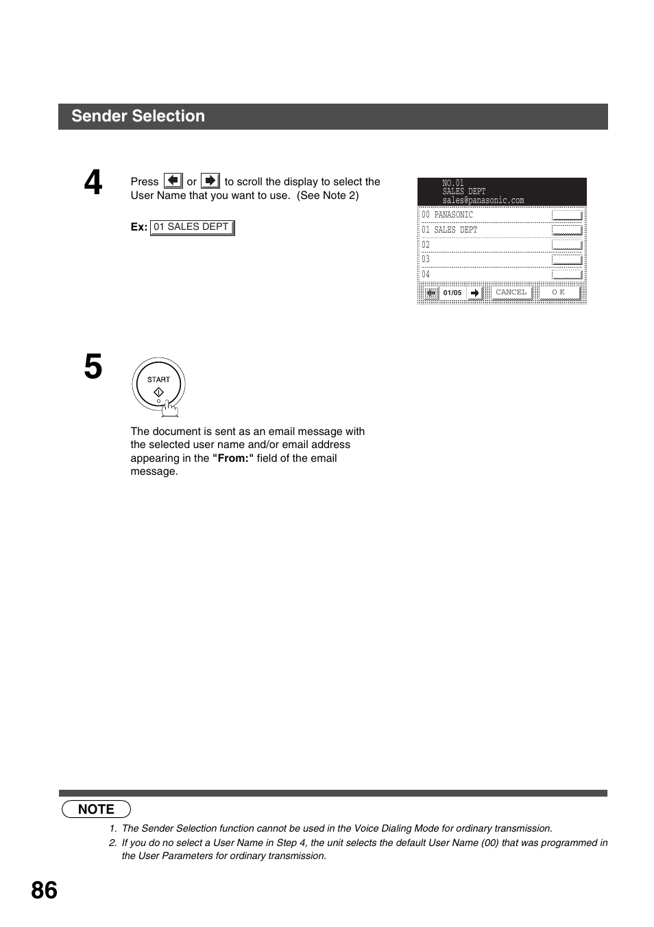 Advanced features, Sender selection | Panasonic 3000 User Manual | Page 86 / 138