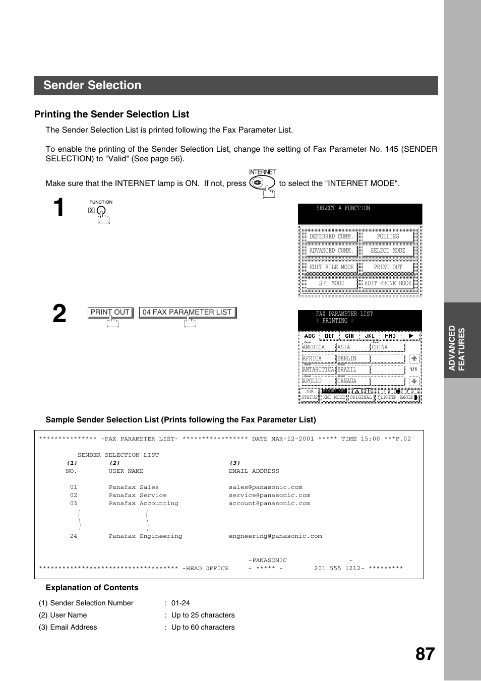 Printing the sender selection list, Advanced features, Sender selection | Panasonic 3000 User Manual | Page 87 / 138