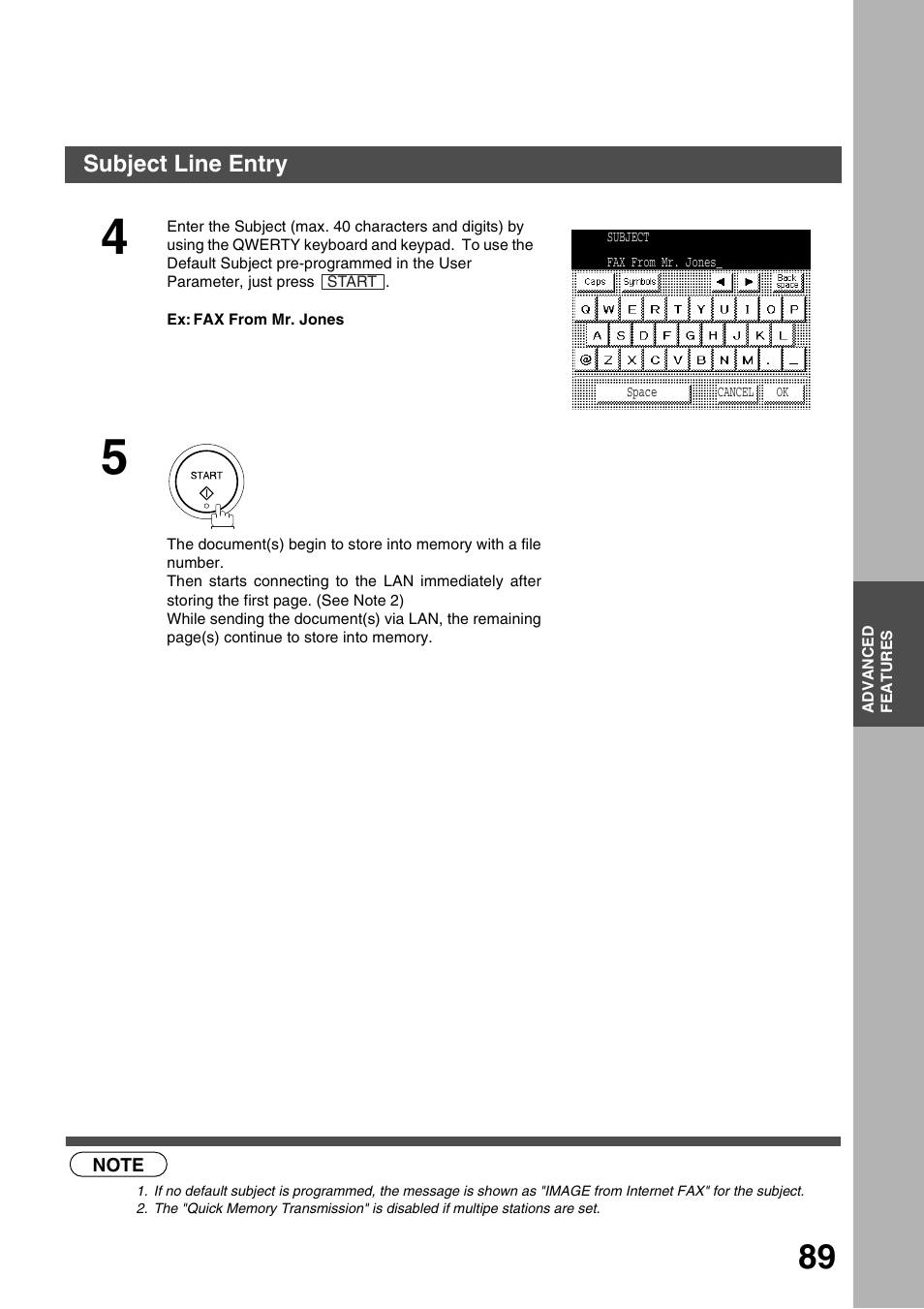 Advanced features, Subject line entry | Panasonic 3000 User Manual | Page 89 / 138