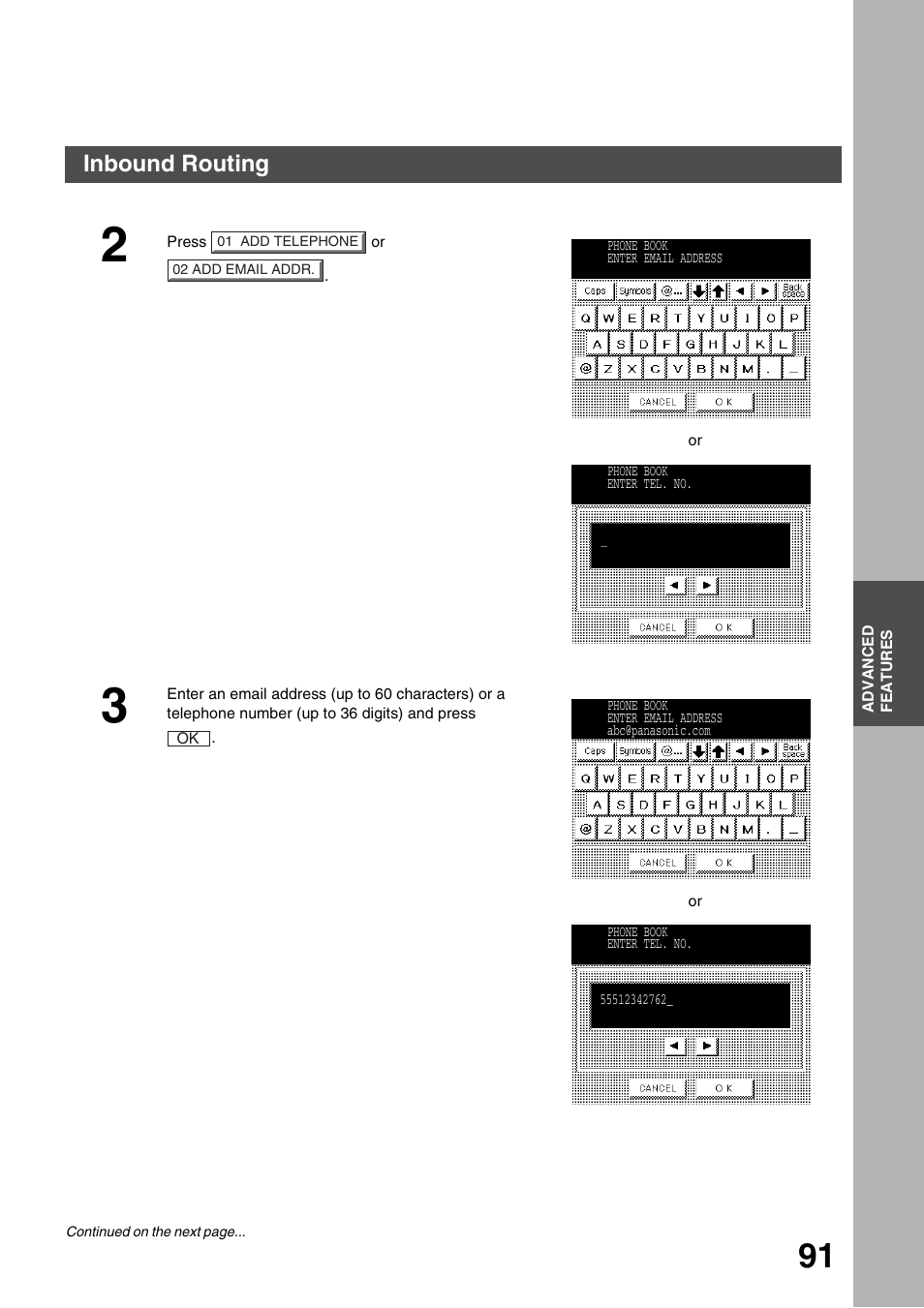 Advanced features, Inbound routing | Panasonic 3000 User Manual | Page 91 / 138