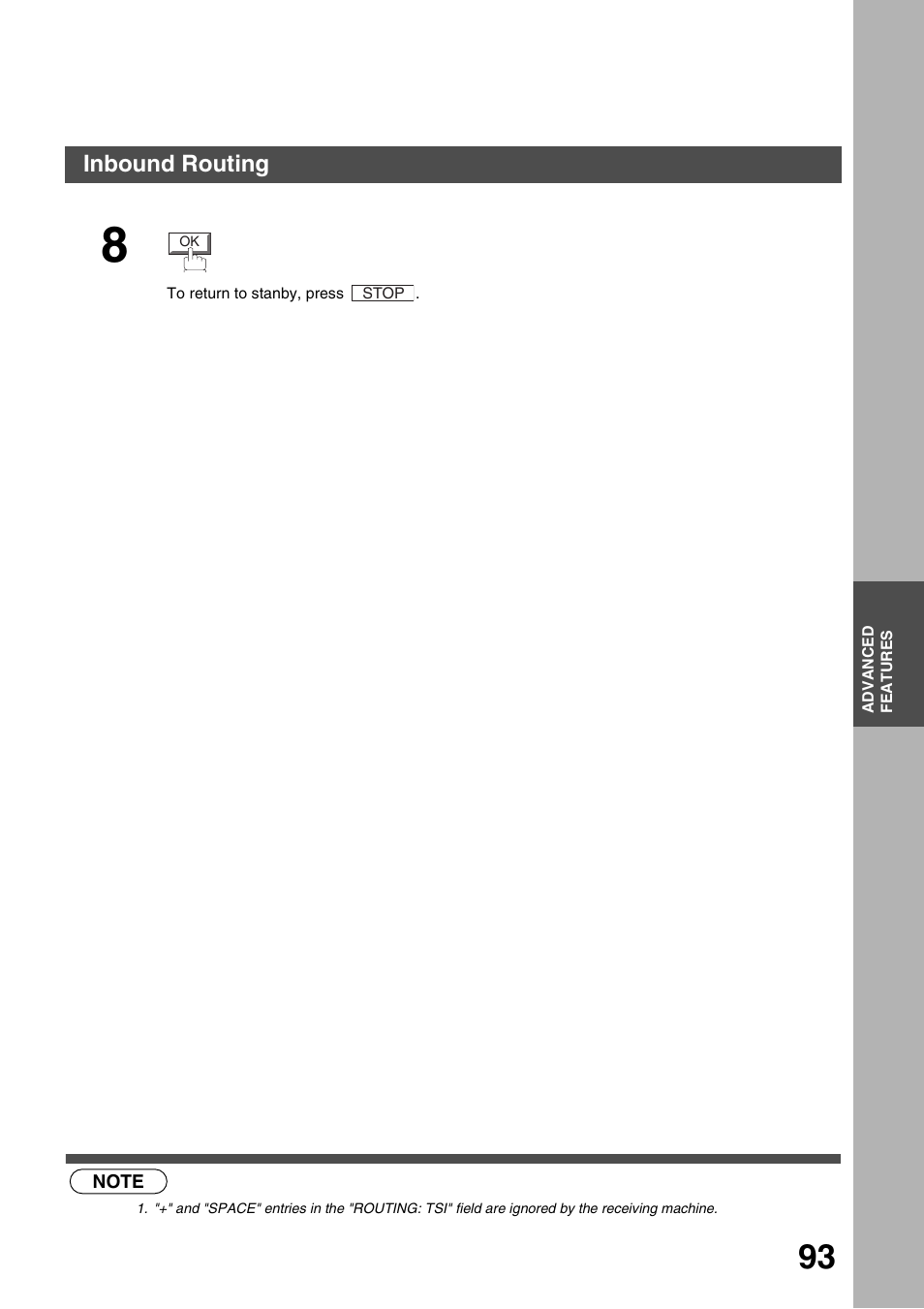 To 93, Advanced features, Inbound routing | Panasonic 3000 User Manual | Page 93 / 138
