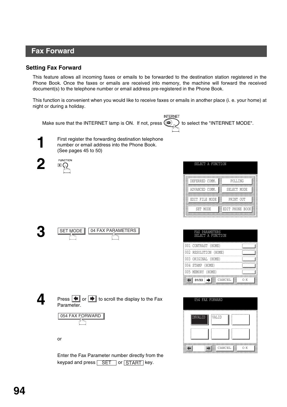 Fax forward, Setting fax forward, 94 to | Advanced features | Panasonic 3000 User Manual | Page 94 / 138