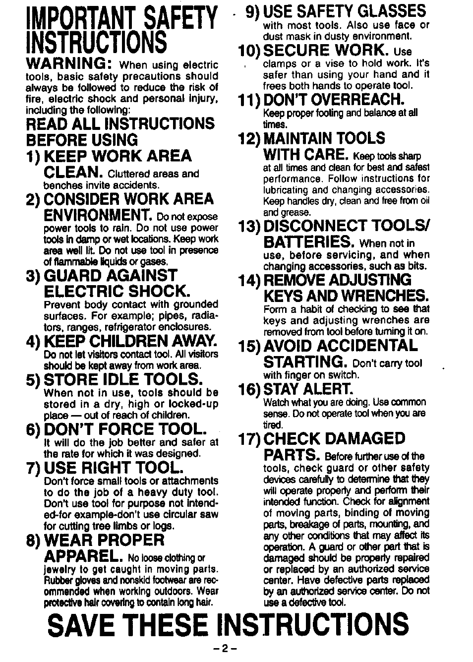 Mportant safety nstructions, Save these instructions, Warning | 2) consider work area environment, 3) guard against electric shock, 4) keep children away, 5) store idle tools, 6) don’t force tool, 7) use right tool, 8) wear proper apparel | Panasonic EY6930 User Manual | Page 2 / 9