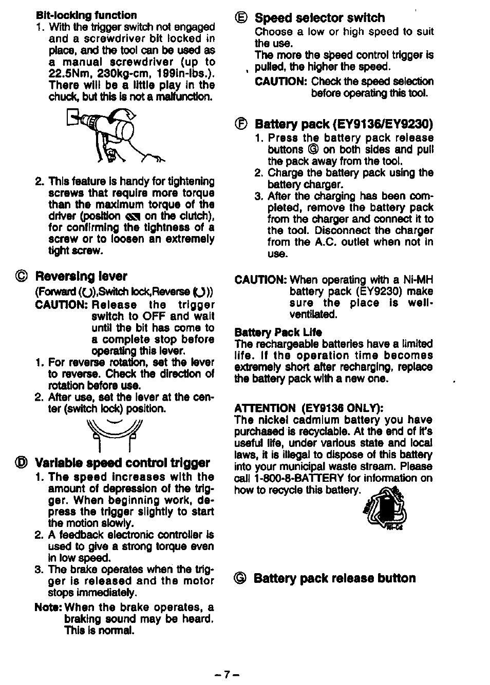 Reversing lever, Variable apeed control trigger, Speed selector switch | Battery pack (ey9136/ey9230), Battery pack release button | Panasonic EY6930 User Manual | Page 7 / 9