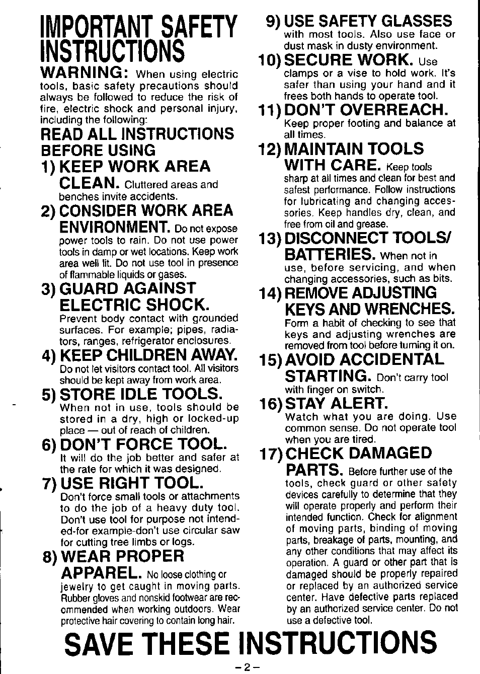 Save these instructions, Mportant safety nstructions, Warning | 2) consider work area environment, 3) guard against electric shock, 4) keep children away, 5) store idle tools, 6) don’t force tool, 7) use right tool, 8) wear proper apparel | Panasonic EY6230 User Manual | Page 3 / 12