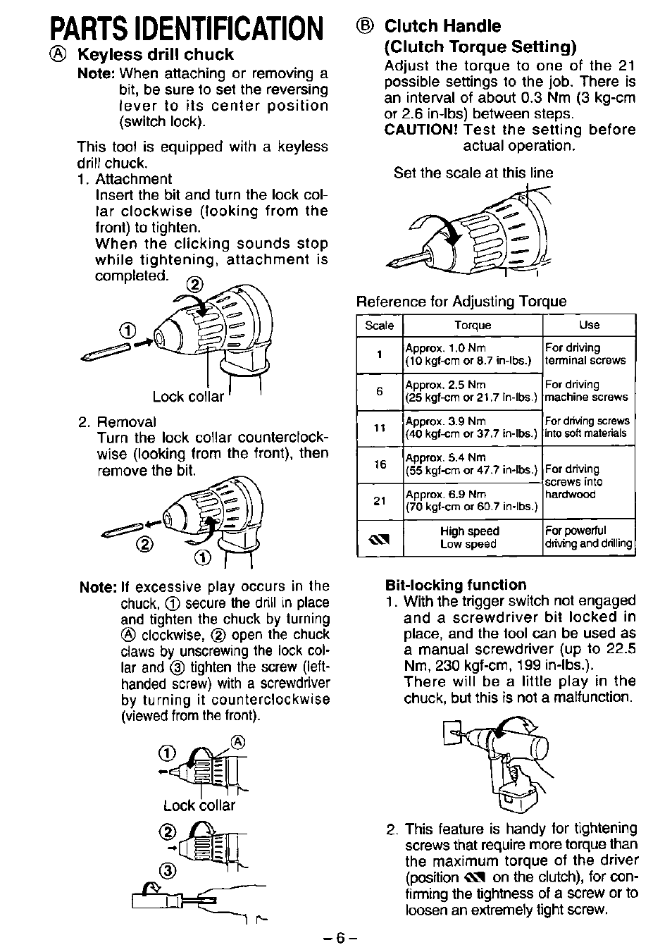 Parts identification, Bit-locking function, Keyless drill chuck | Clutch handle (clutch torque setting) | Panasonic EY6230 User Manual | Page 7 / 12