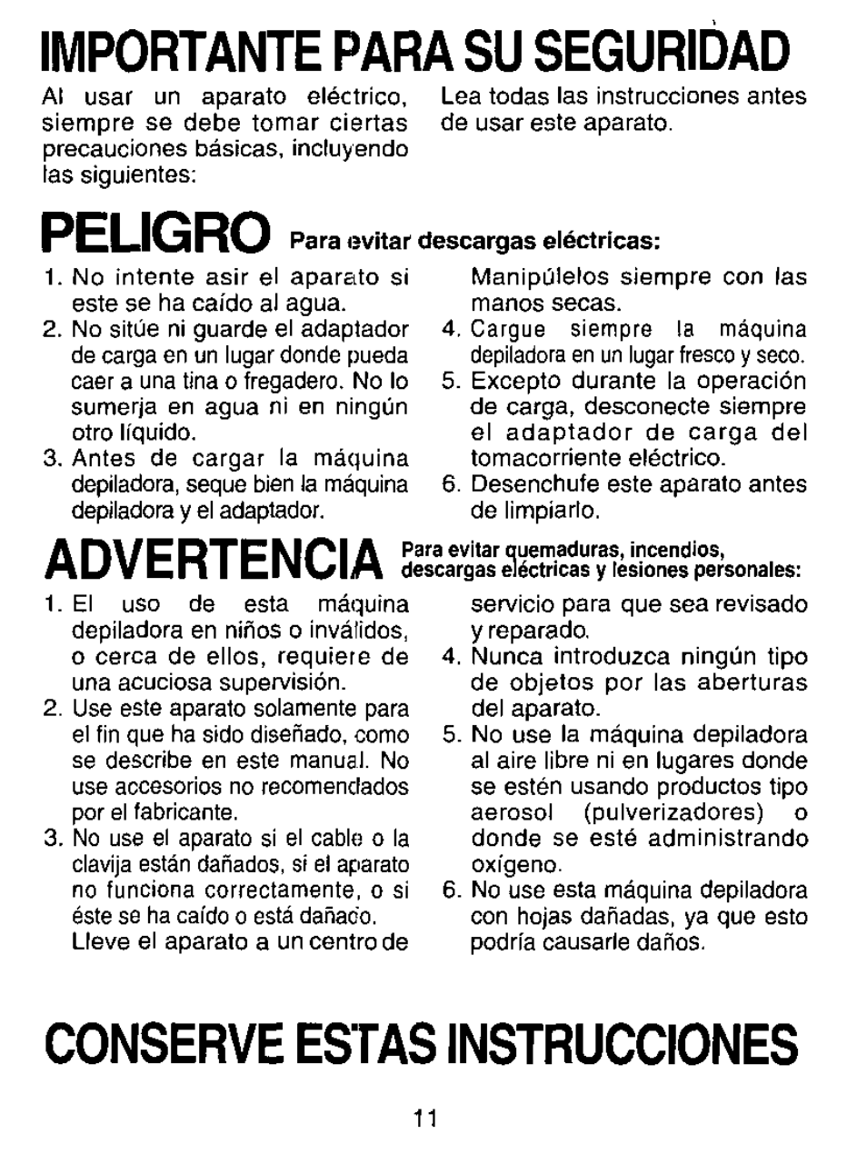 Importante para su seguridad, Peligro, Advertencia | Conserve estas instrucciones | Panasonic ES2205 User Manual | Page 11 / 16