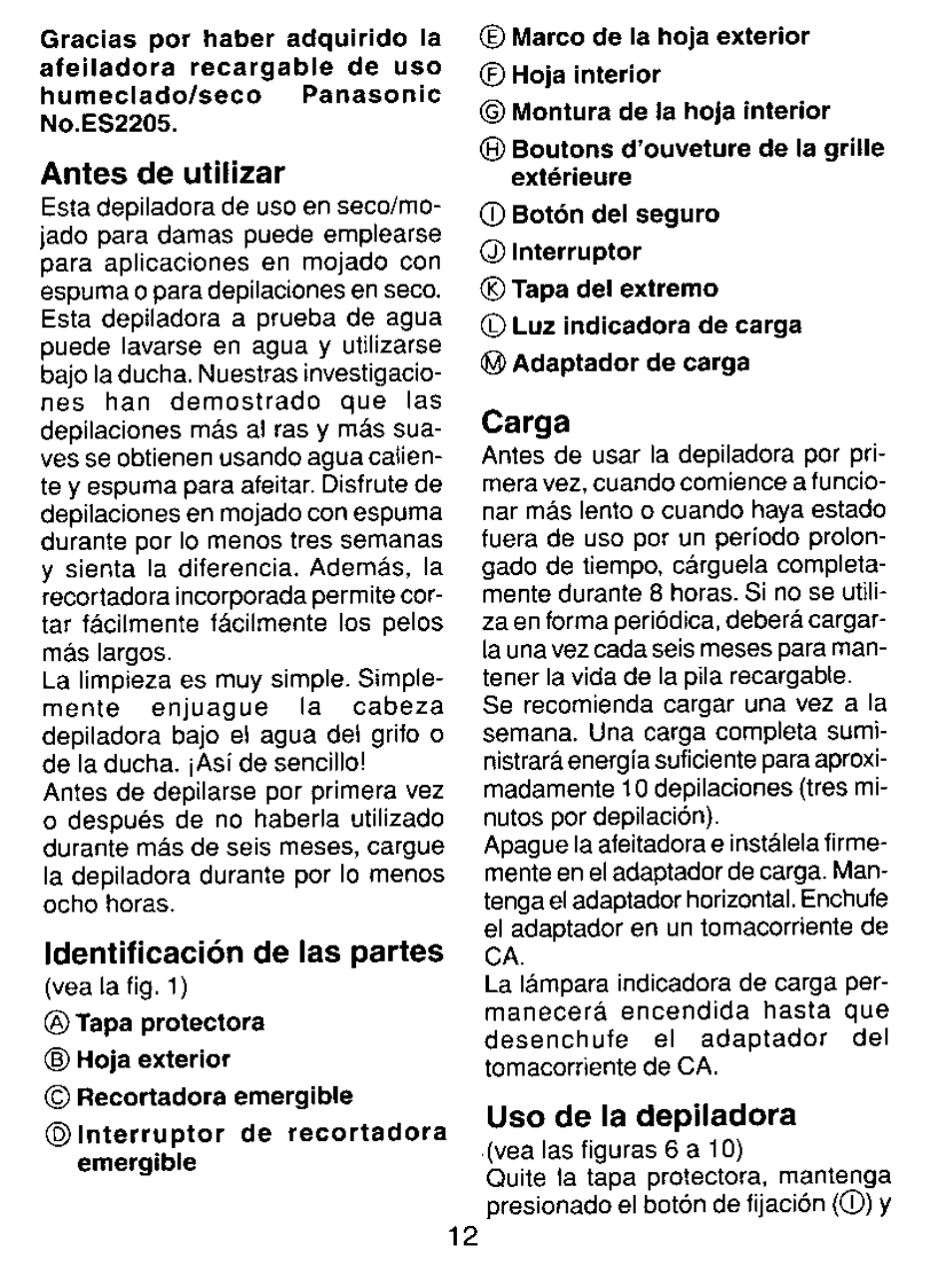 Antes de utilizar, Identificación de las partes, Carga | Uso de la depiladora | Panasonic ES2205 User Manual | Page 12 / 16