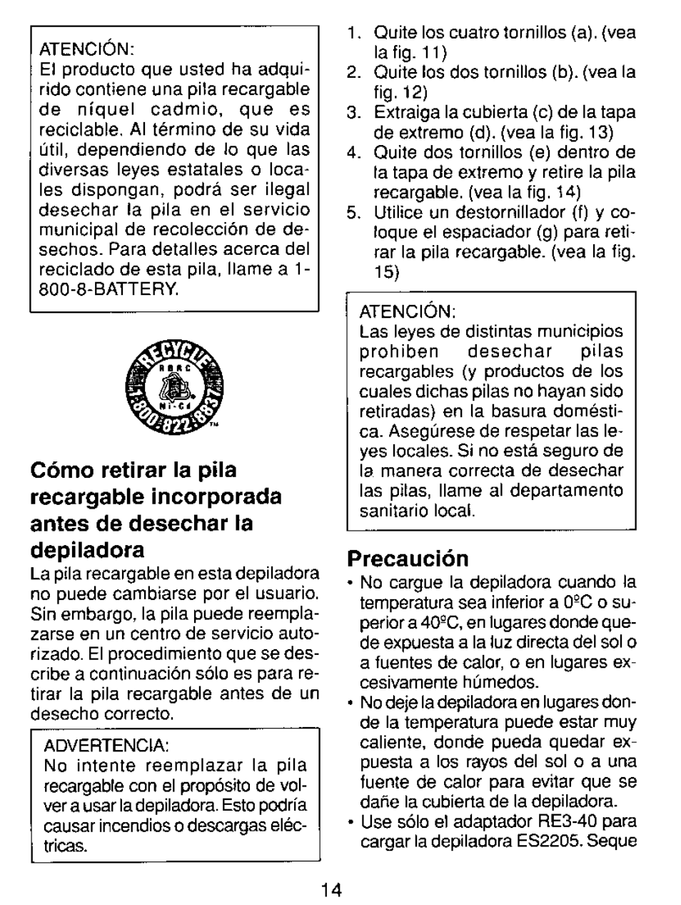 Precaución | Panasonic ES2205 User Manual | Page 14 / 16
