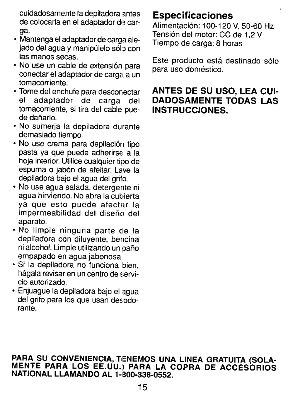 Especificaciones | Panasonic ES2205 User Manual | Page 15 / 16