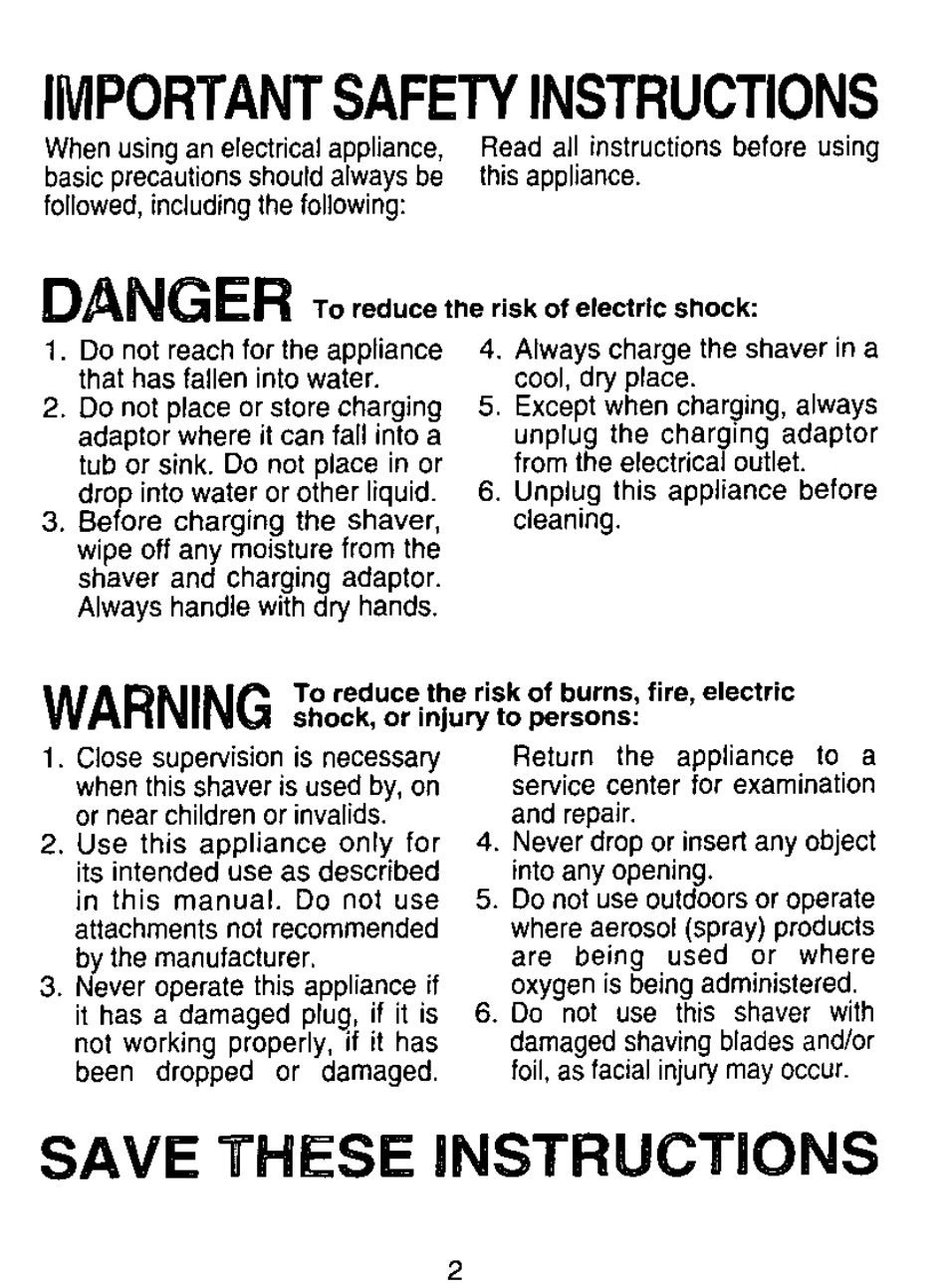 Important safety instructions, Danger, Save these instructions | Warning | Panasonic ES2205 User Manual | Page 2 / 16