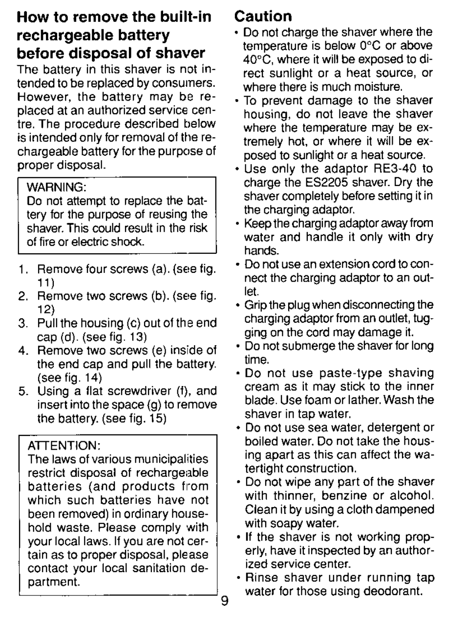 Caution | Panasonic ES2205 User Manual | Page 9 / 16