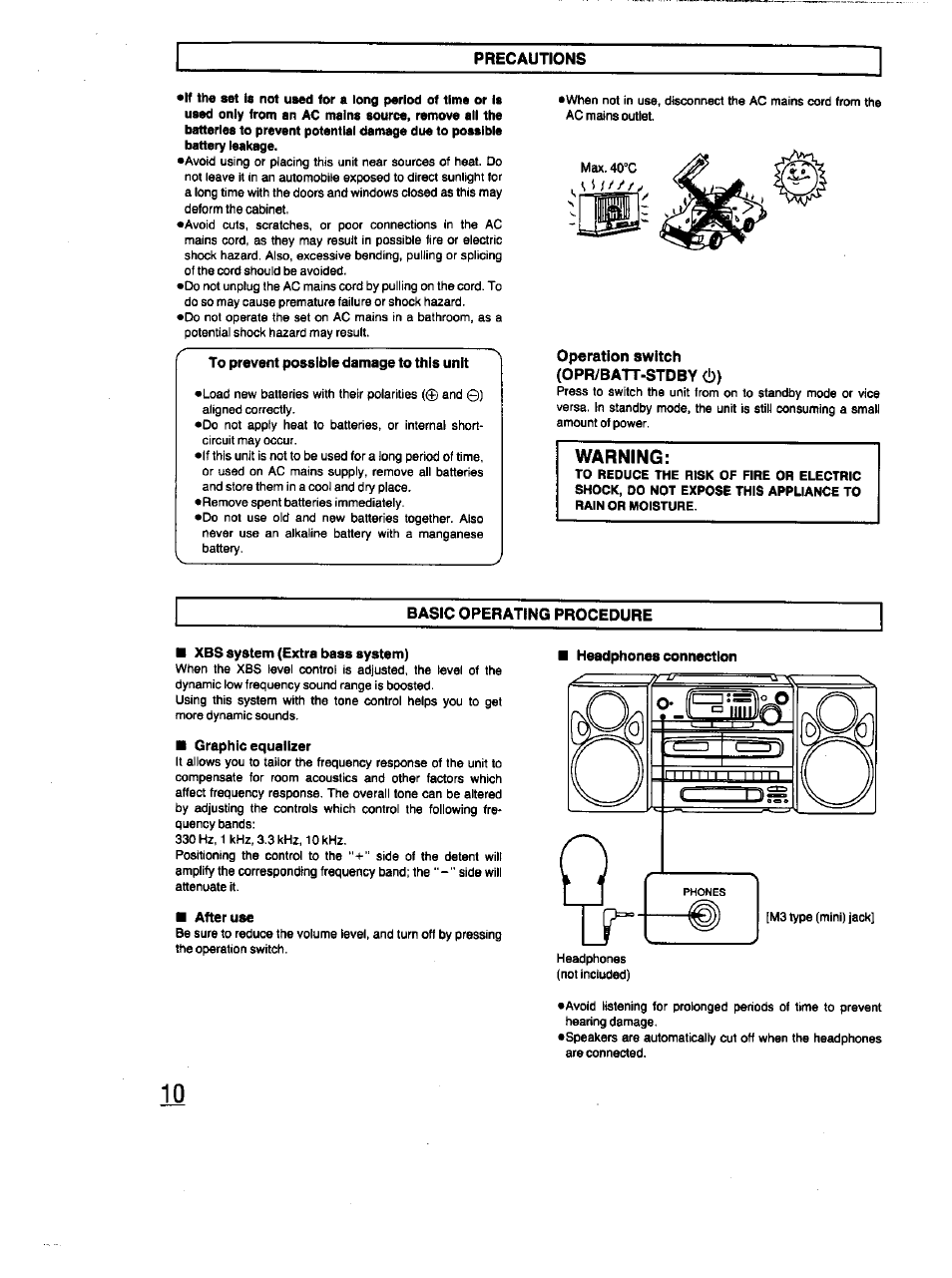 Precautions, To prevent possible damage to this unit, Operation switch (opr/batt-stdby (!)) | Basic operating procedure, Xbs system (extra bass system), Graphic equalizer, After use, Headphones connection, Warning | Panasonic RX-DT670 User Manual | Page 10 / 24