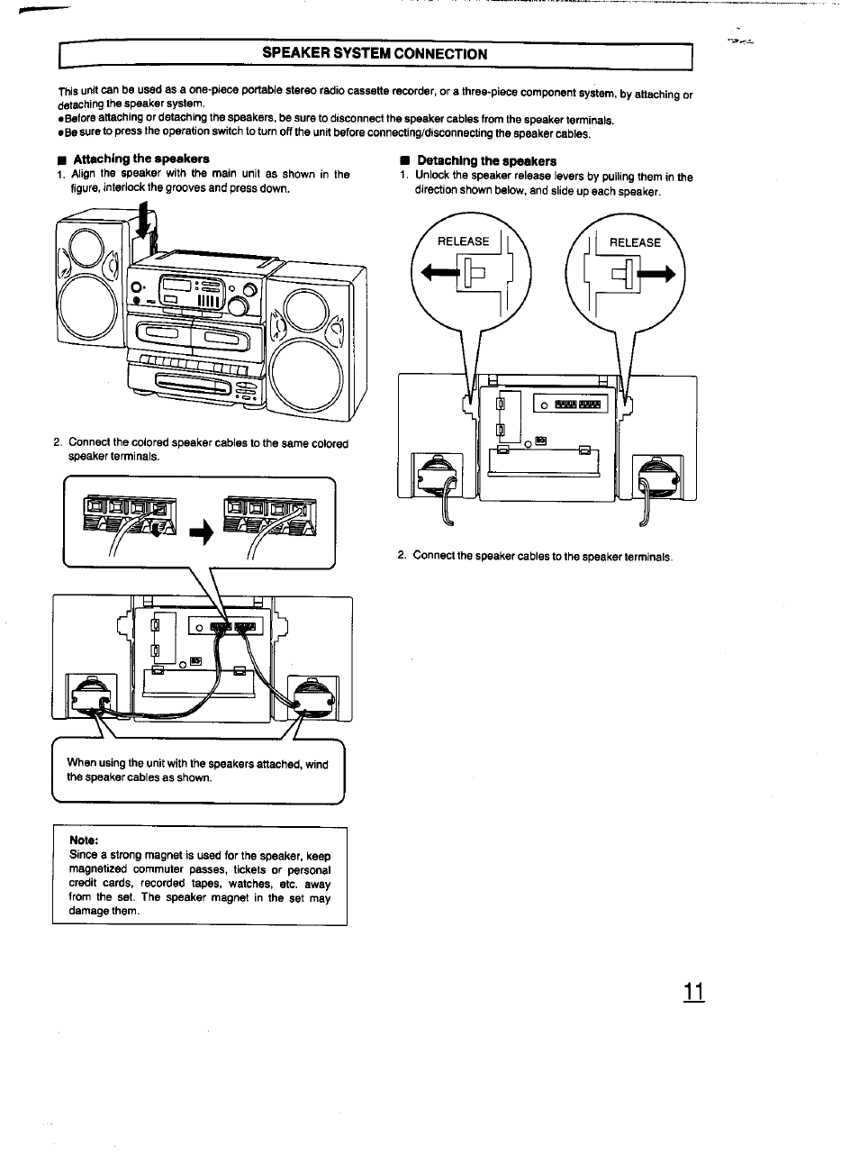 Speaker system connection, Detaching the speakers | Panasonic RX-DT670 User Manual | Page 11 / 24