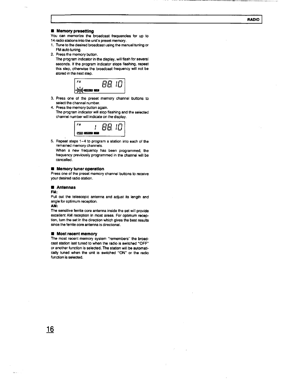 Memory presetting, Memory tuner operation, Antennas | Most recent memory | Panasonic RX-DT670 User Manual | Page 16 / 24