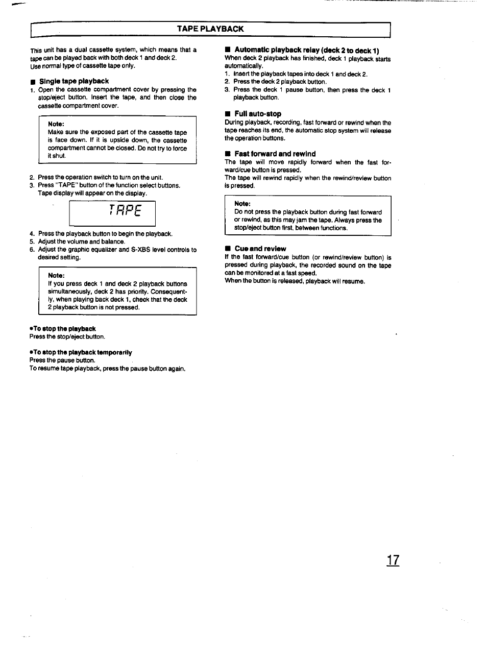 Tape playback, Single tape playback, Automatic playback relay (deck 2 to deck 1 ) | Full auto-stop, Fast forward and rewind, Cue and review | Panasonic RX-DT670 User Manual | Page 17 / 24