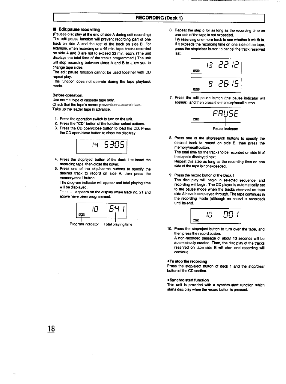 Edit pause recording, Before operation, To stop the recording | Synchro etart function, D d d, J c c | Panasonic RX-DT670 User Manual | Page 18 / 24
