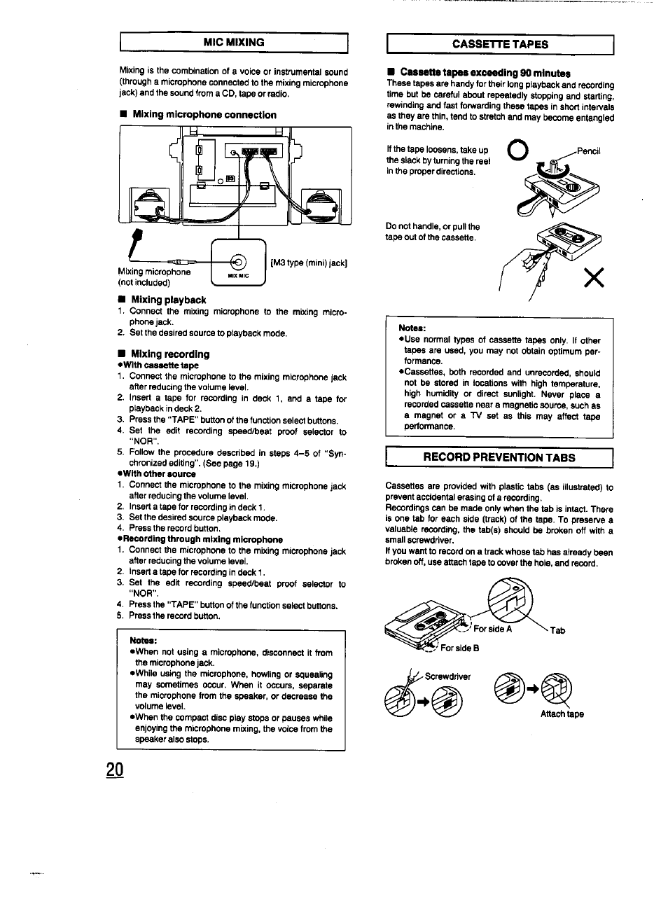 Mic mixing, Cassette tapes, Mixing playback | Mixing recording, Cassette tapes exceeding 90 minutes | Panasonic RX-DT670 User Manual | Page 20 / 24