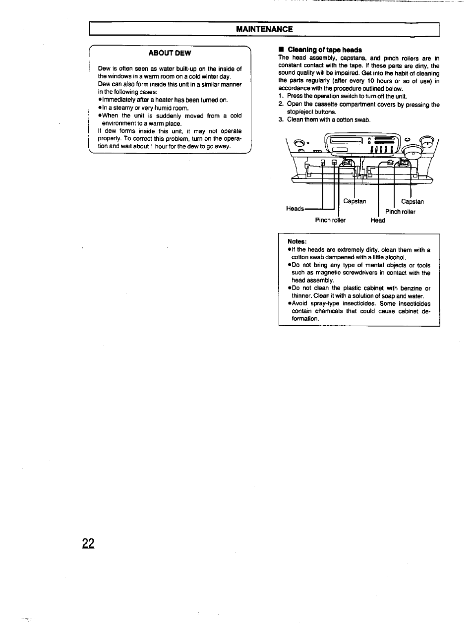 Maintenance, About dew, Cleaning of tape heads | Panasonic RX-DT670 User Manual | Page 22 / 24