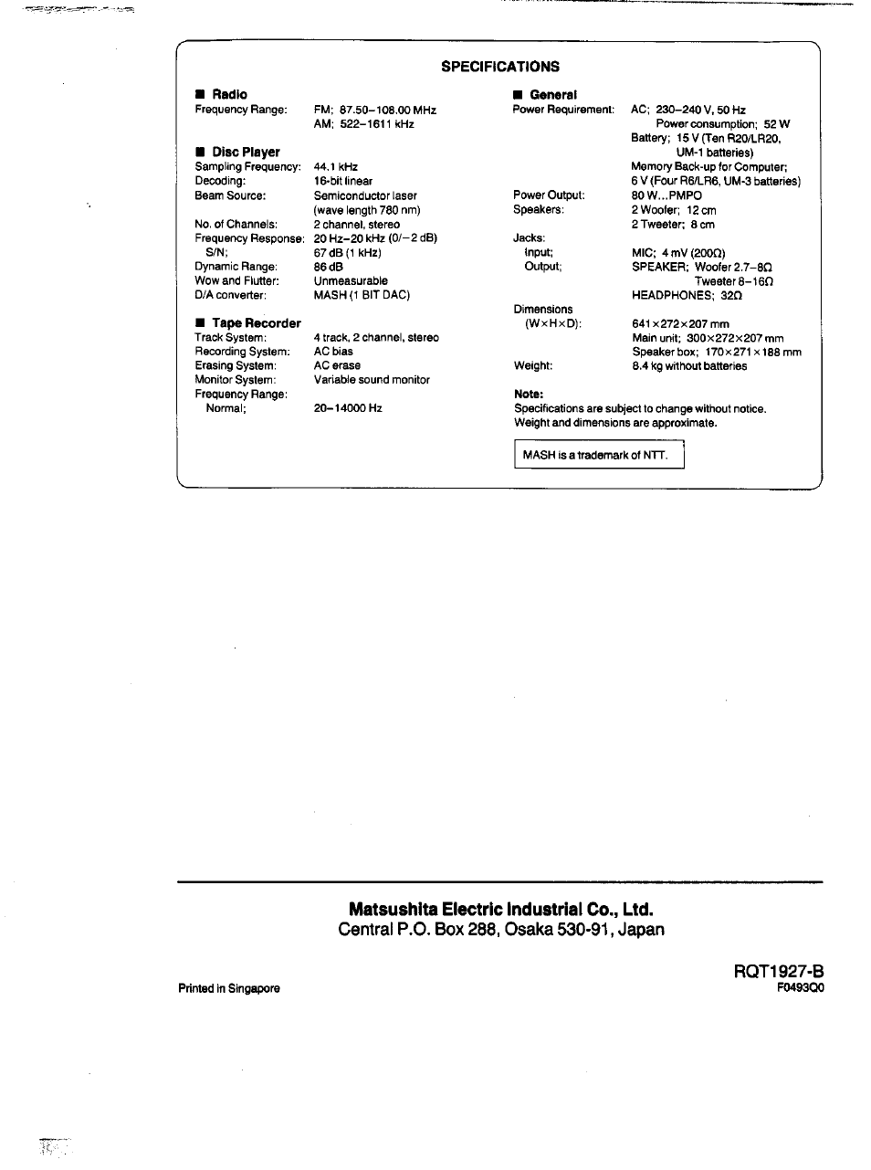 Specifications, F0493qo, Matsushita electric industrial co., ltd | Rqt 1927 -b | Panasonic RX-DT670 User Manual | Page 24 / 24