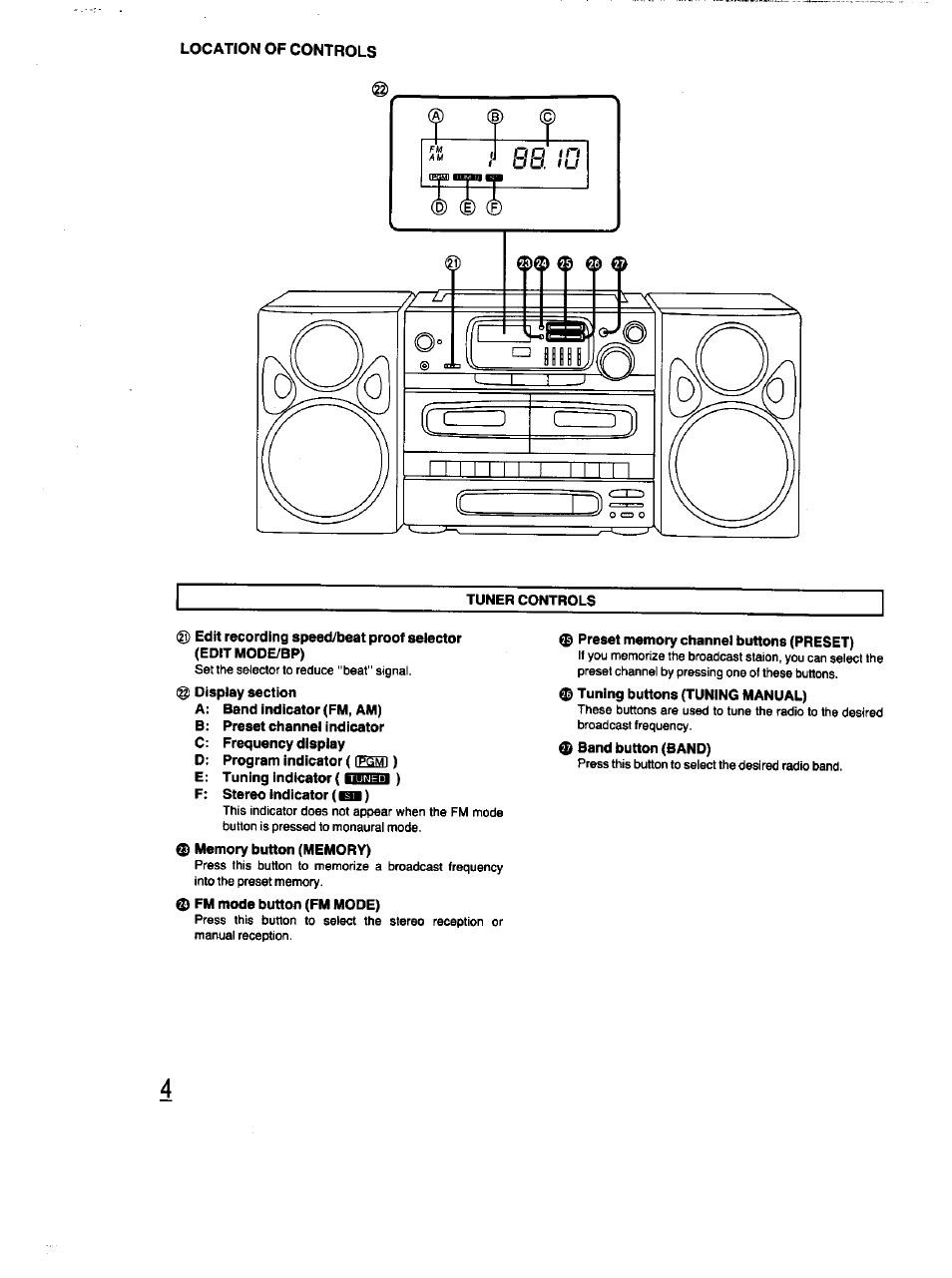 Tuner controls, Display section, A: band indicator (fm, am) | E: tuning indicator ( ■iw«aii ), F; stereo indicator (si), Memory button (memory), Fm mode button (fm mode), Preset memory channel buttons (preset), Tuning buttons (tuning manual), 0 band button (band) | Panasonic RX-DT670 User Manual | Page 4 / 24