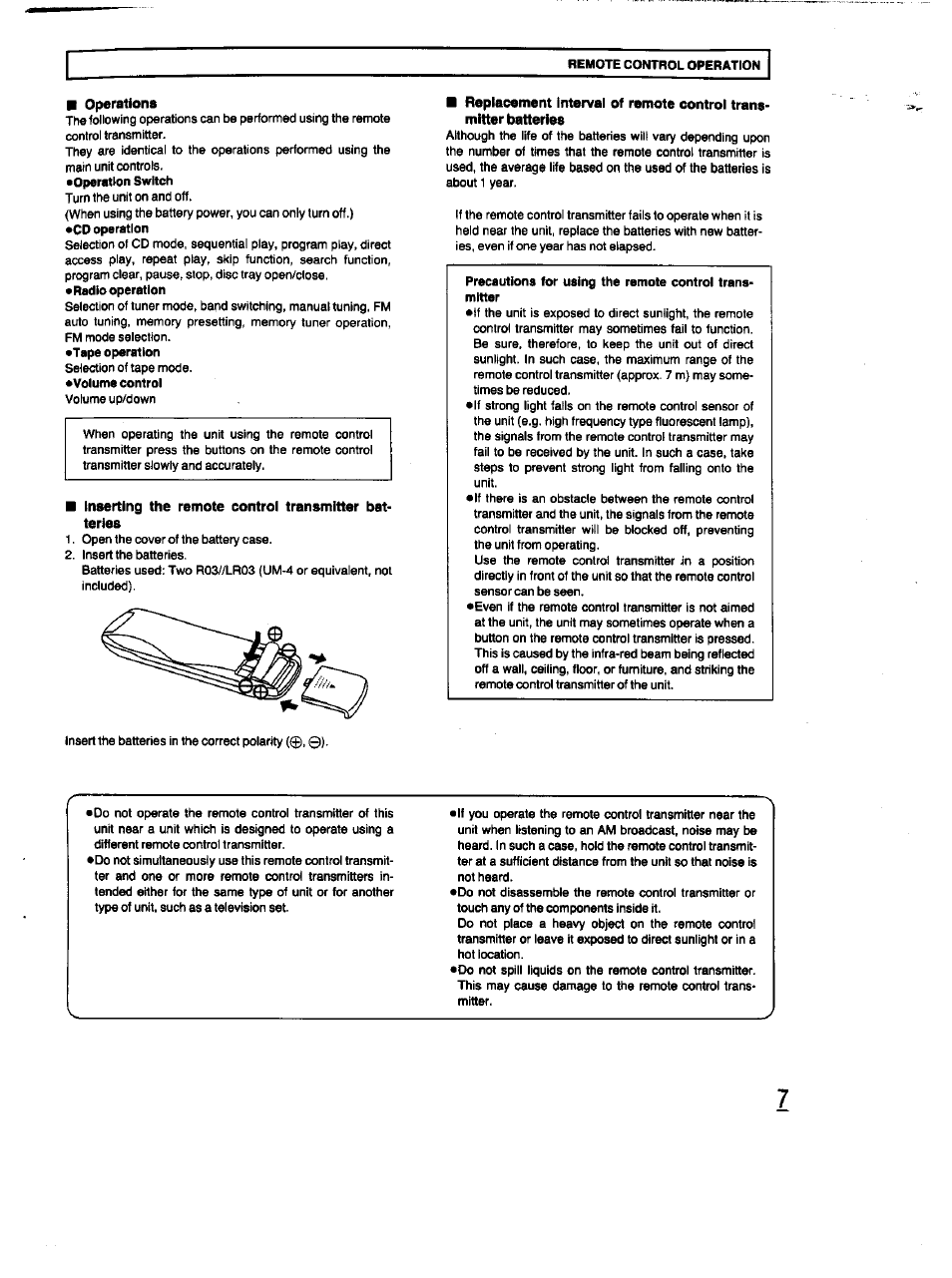 Operations, Inserting the remote control transmitter batteries | Panasonic RX-DT670 User Manual | Page 7 / 24