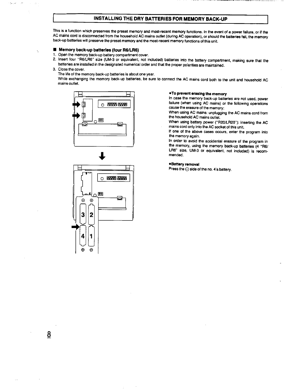 Installing the dry batteries for memory back-up, Memory back-up batteries (four r6/lr6) | Panasonic RX-DT670 User Manual | Page 8 / 24