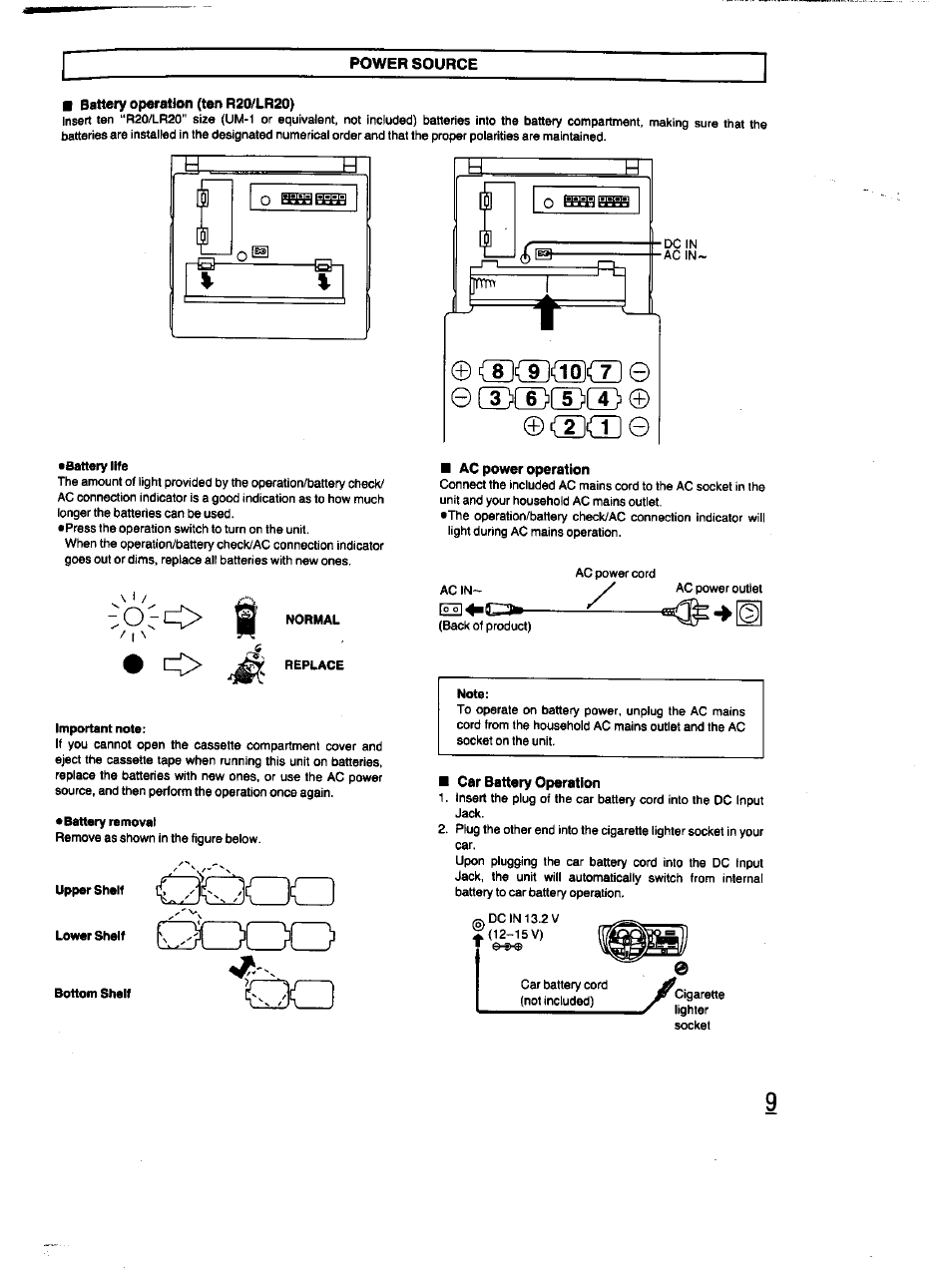 Power source, Battery operation (ten r20/lr20), Lowprsihrit (^czxzzicz) | Ac power operation, Car battery operation, Czxzzicz) | Panasonic RX-DT670 User Manual | Page 9 / 24