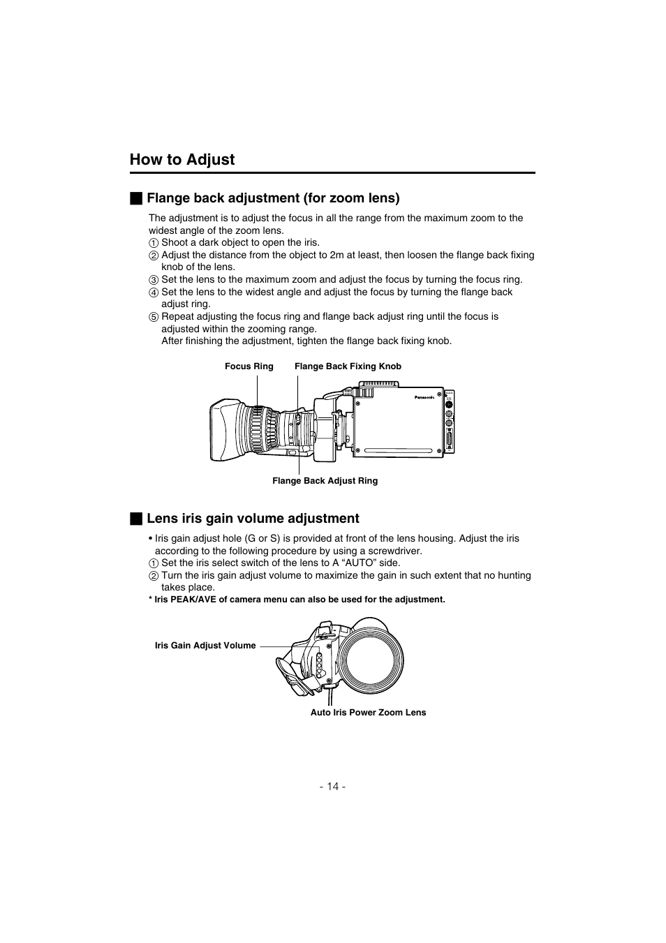 How to adjust, Flange back adjustment (for zoom lens), Lens iris gain volume adjustment | Panasonic AK-HC910L User Manual | Page 14 / 32
