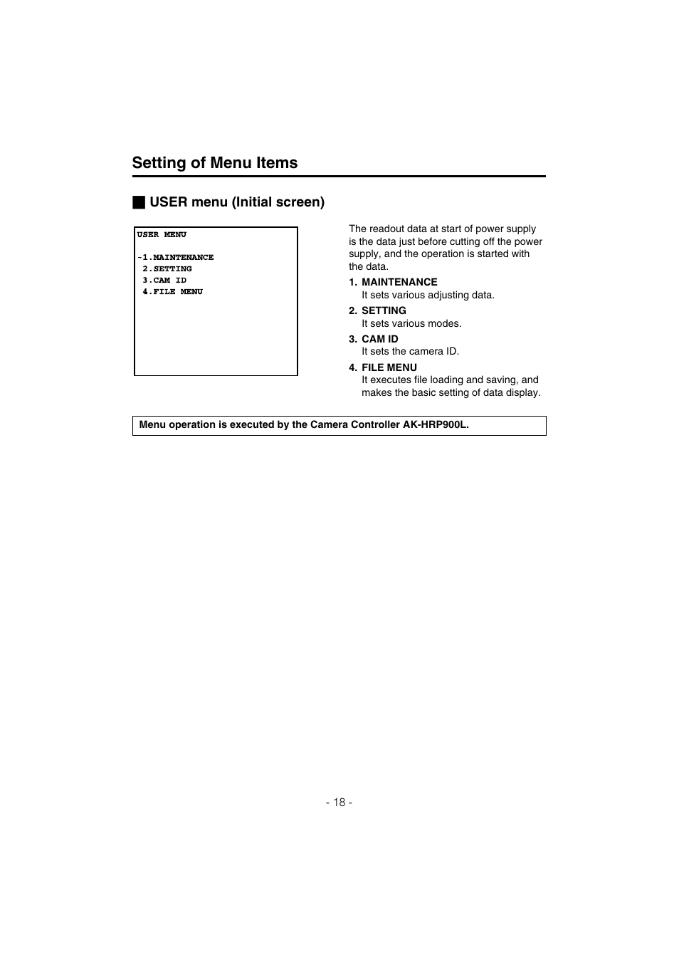 Setting of menu items, User menu (initial screen) | Panasonic AK-HC910L User Manual | Page 18 / 32