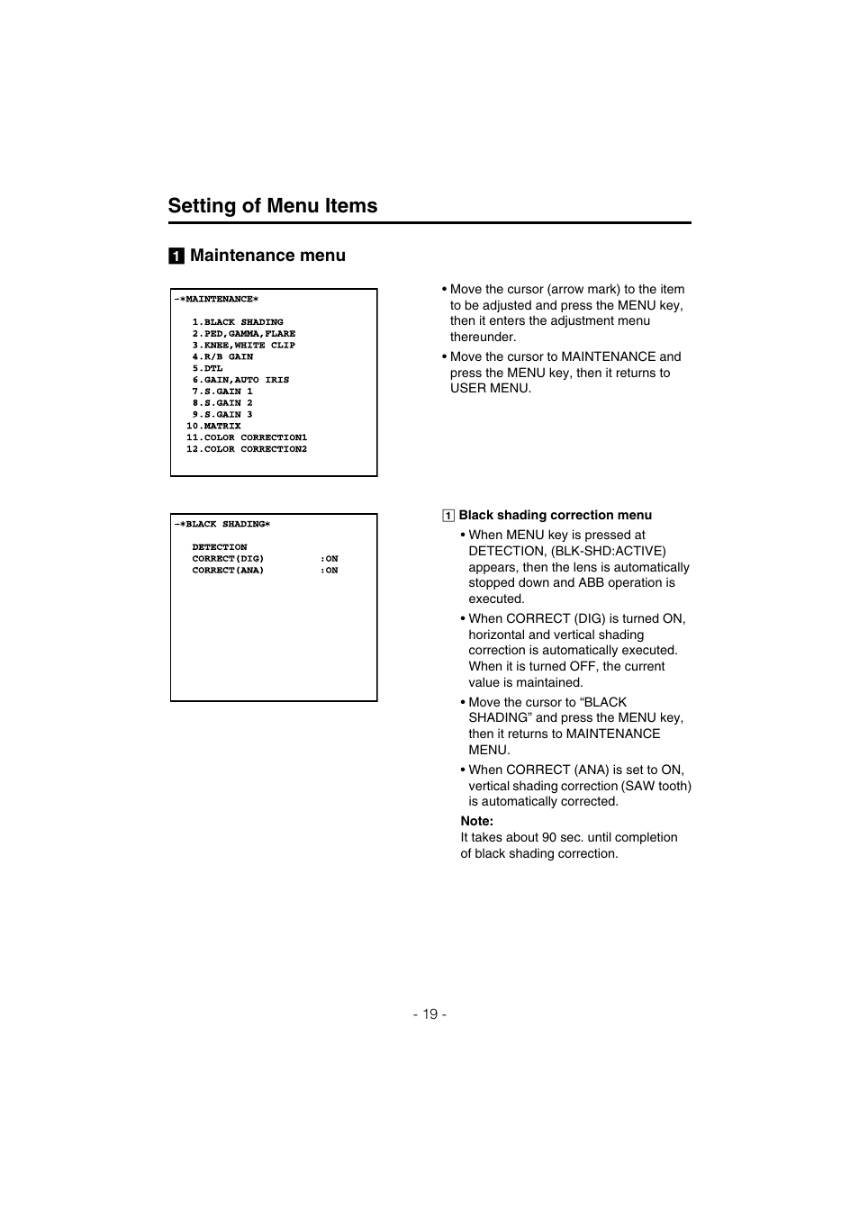 Setting of menu items, Maintenance menu | Panasonic AK-HC910L User Manual | Page 19 / 32