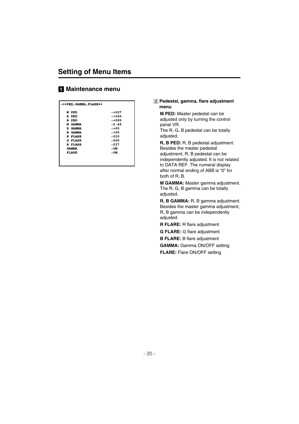 Setting of menu items | Panasonic AK-HC910L User Manual | Page 20 / 32