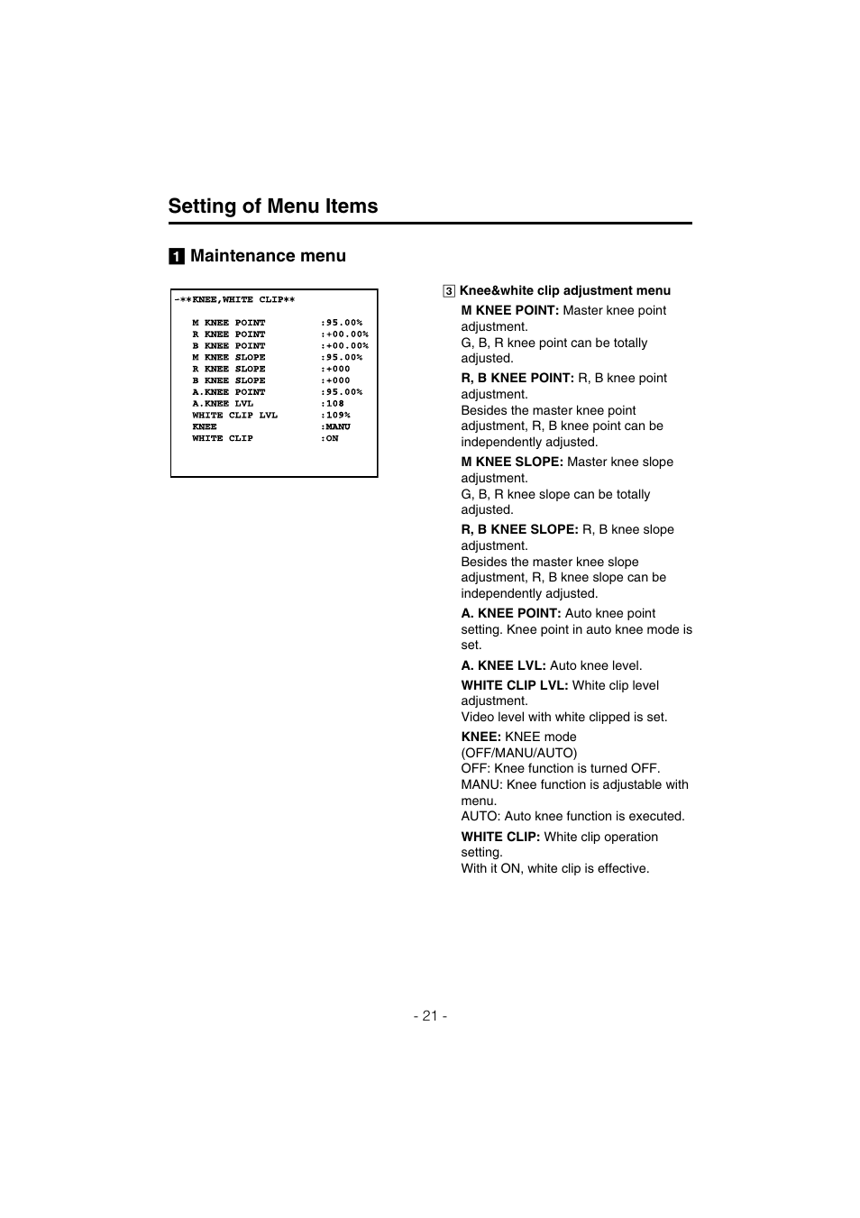 Setting of menu items | Panasonic AK-HC910L User Manual | Page 21 / 32
